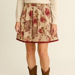 Charlotte Russe Tan Cranberry Paisley Floral Print Crochet Hem Skirt Size S